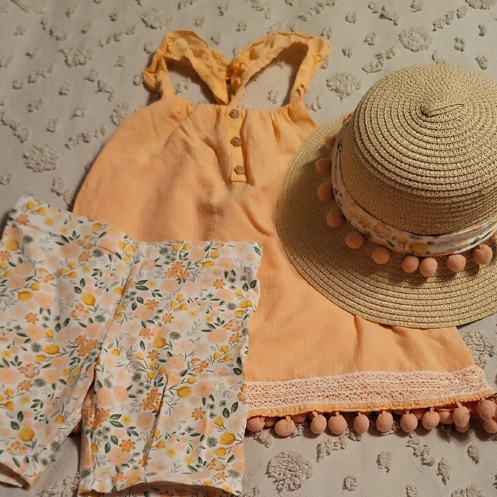 Max Studio Kids Peach Dress and Floral Shorts Set with Straw Hat Size S (5-6)